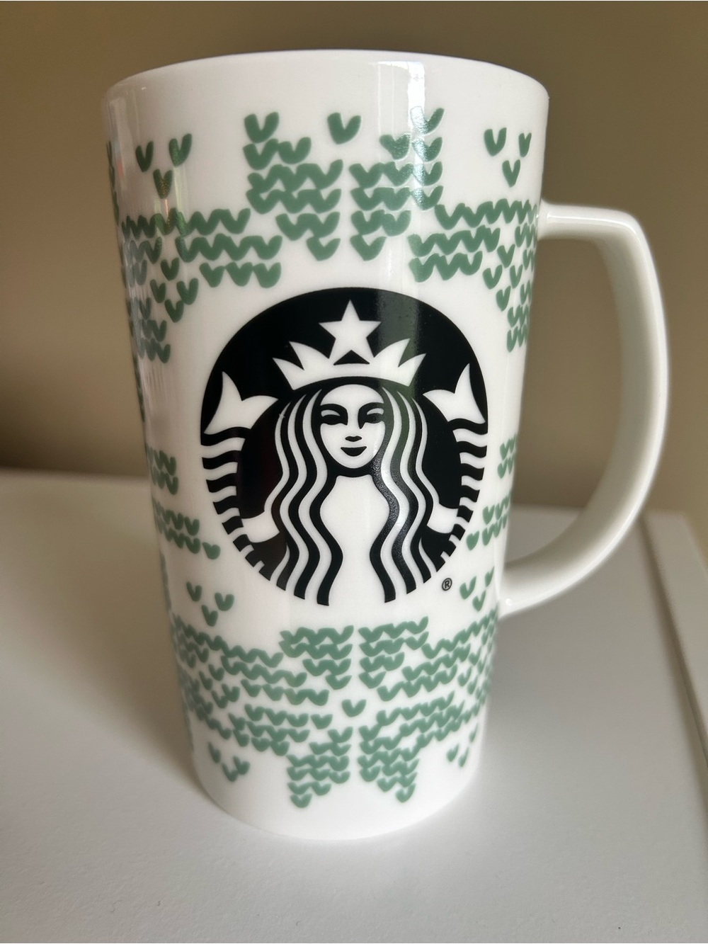 Starbucks 2016 Christmas Holiday Ceramic Mug 16oz Green Knit Sweater Fair Isle